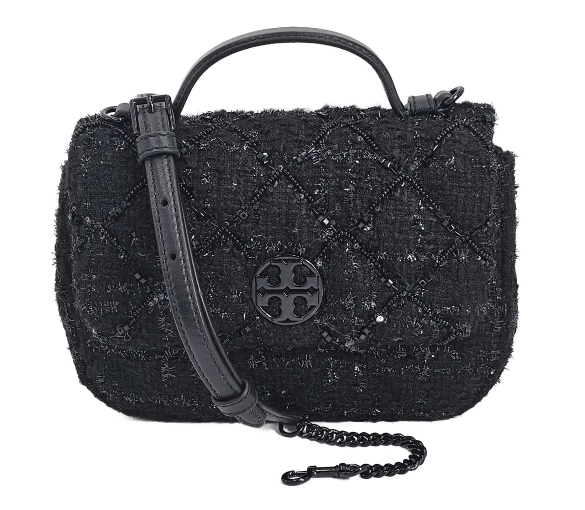 Black Beaded Tweed Mini Top Handle Crossbody Bag O7423