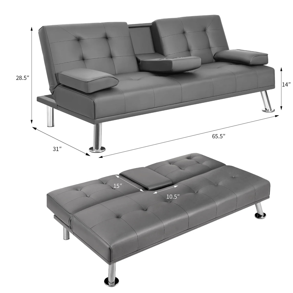 Gray Faux Leather Convertible Futon Sofa Bed with 2 Cup Holders Z652