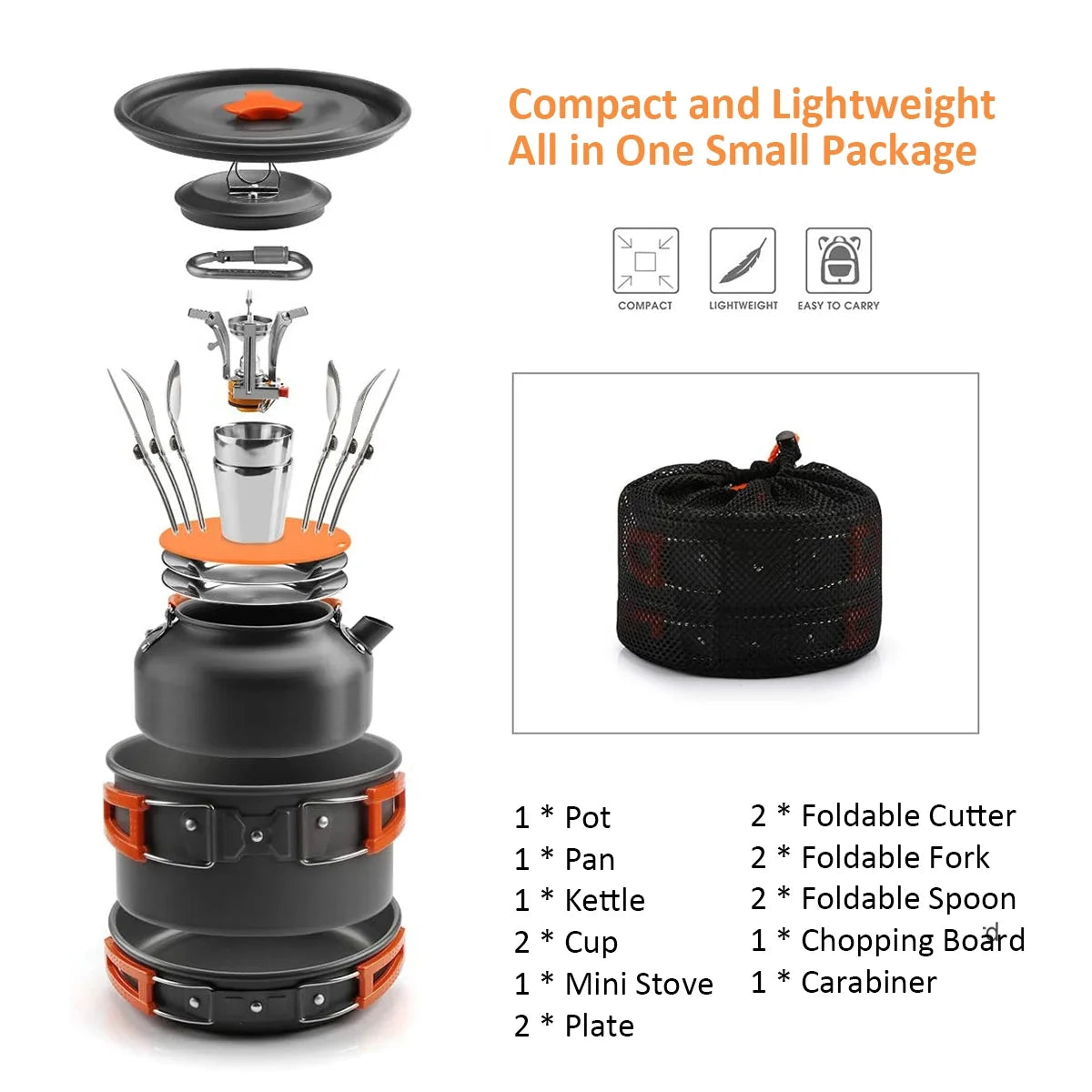 Camping Cookware Mess Kit Pot Pan Kettle Cooking Set Tableware with Stove Spoon Fork Cutter T1170