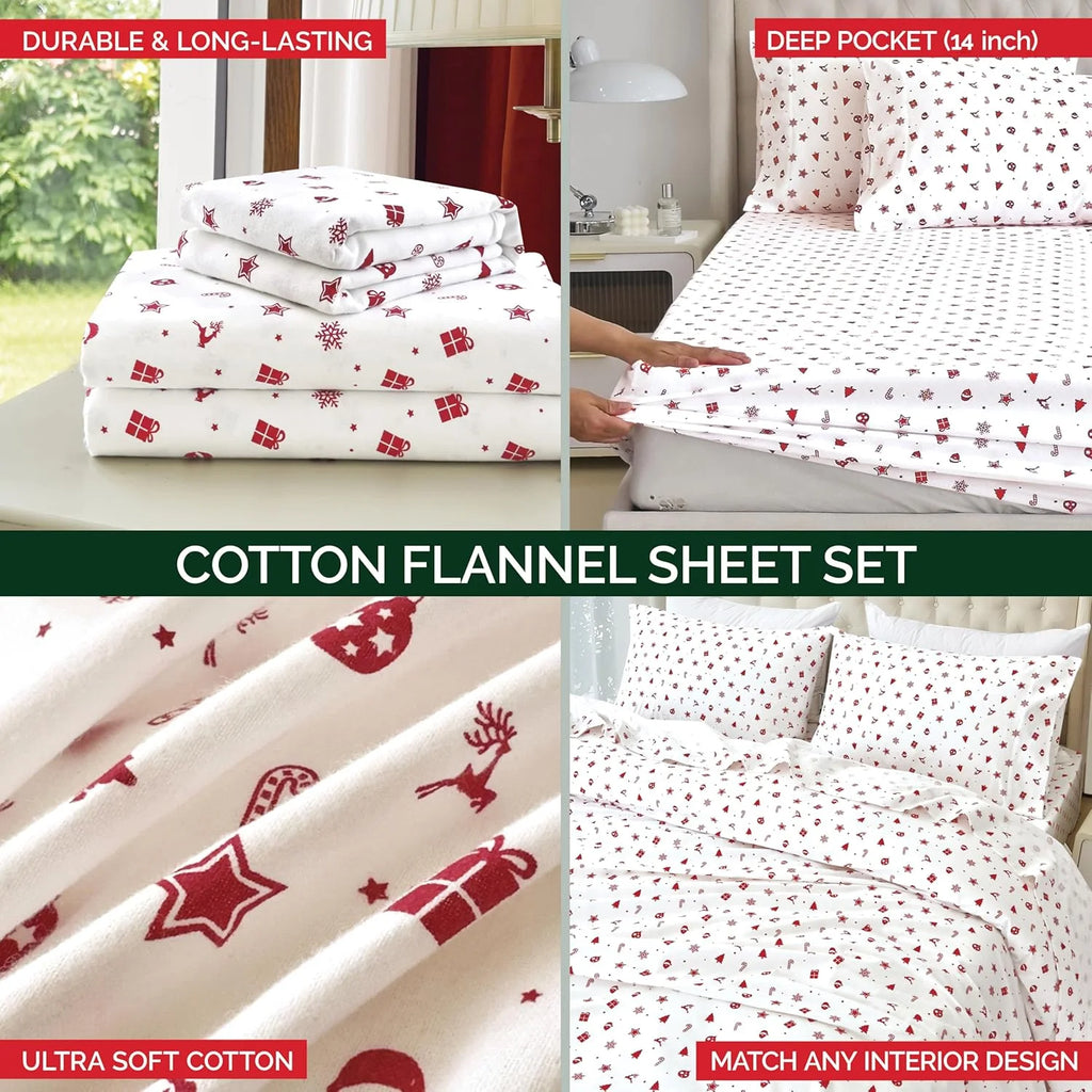 King Flannel Sheets - 4-Piece 100% Turkish Cotton, Red Stars, Deep Pocket R43988