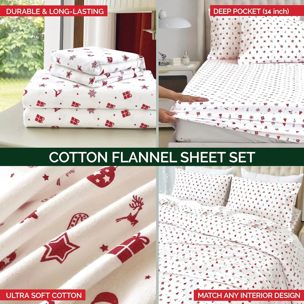 King Flannel Sheets - 4-Piece 100% Turkish Cotton, Red Stars, Deep Pocket R43988
