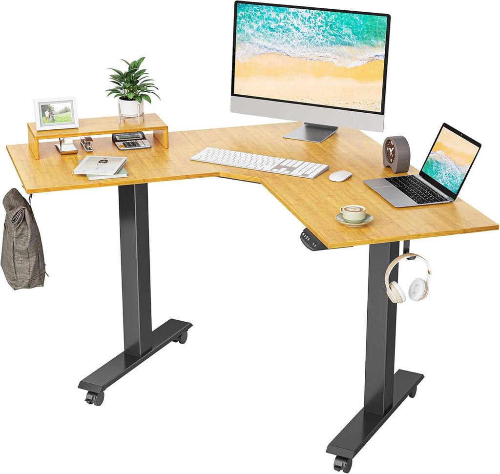 L Shaped Electric Standing Desk with Bamboo Top and Black Frame J679
