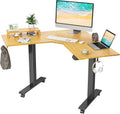 L Shaped Electric Standing Desk with Bamboo Top and Black Frame J679
