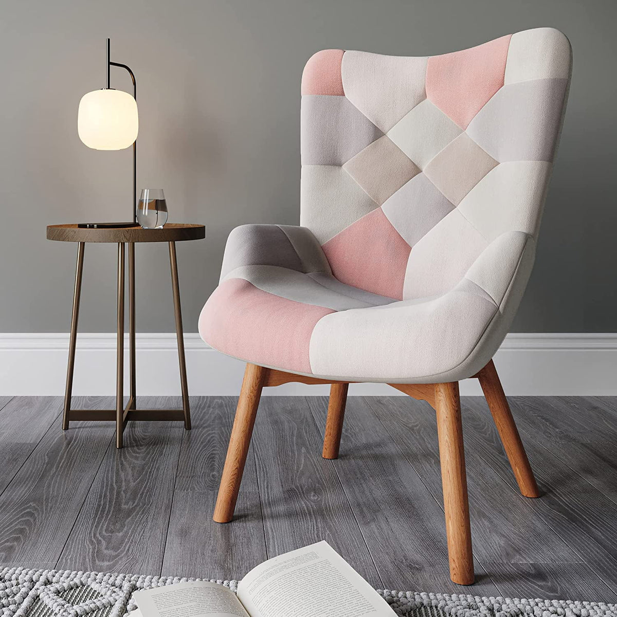 Linen Upholstered Accent Chair with Solid Wood Legs Y867