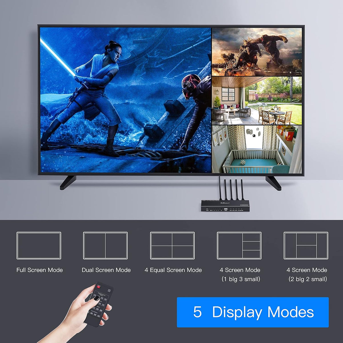 HDMI Multiviewer Switch 4x1, Quad Multi-Viewer Seamless Switcher 4 in 1 Out with Loop, Audio Extractor to Stereo, 1080p, 5 Viewing Modes L370212