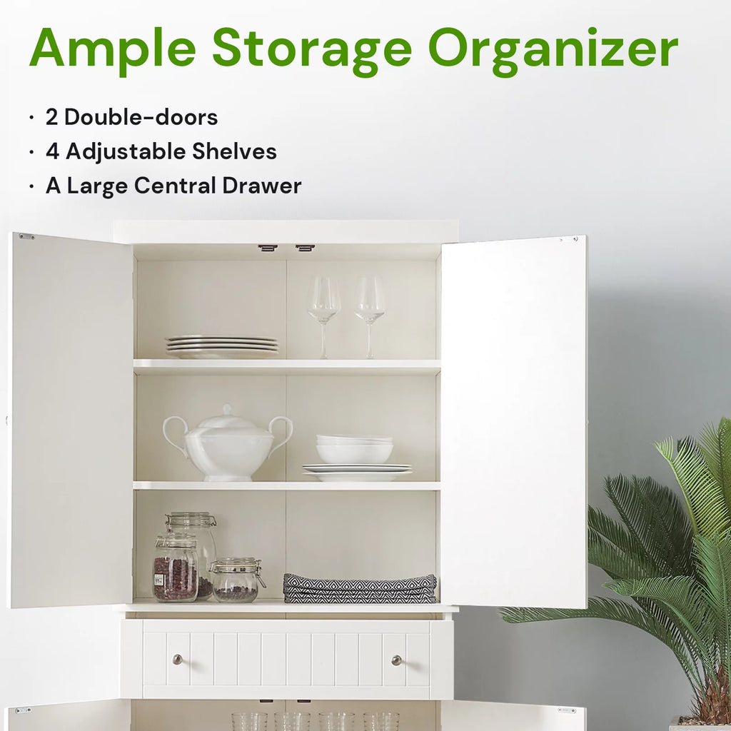 White Tall Freestanding Kitchen Pantry Cabinet with Doors and Adjustable Shelves E36251