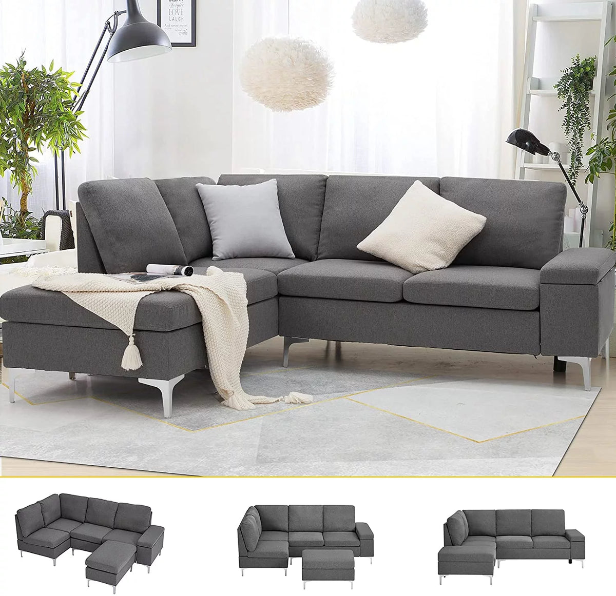 Gray Sectional Sofa with Armrest Storage E3927