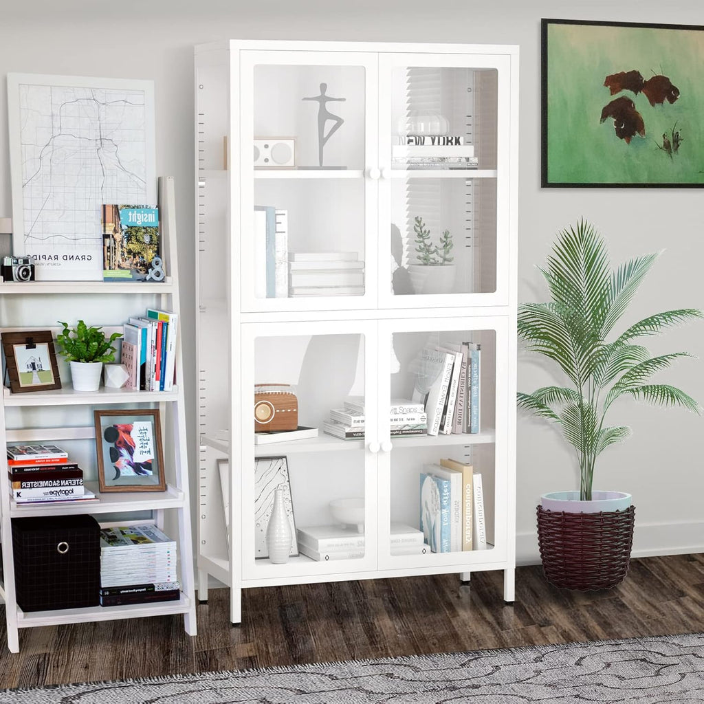 4-Door White Tempered Glass Storage Cabinet with Adjustable Shelves E89331