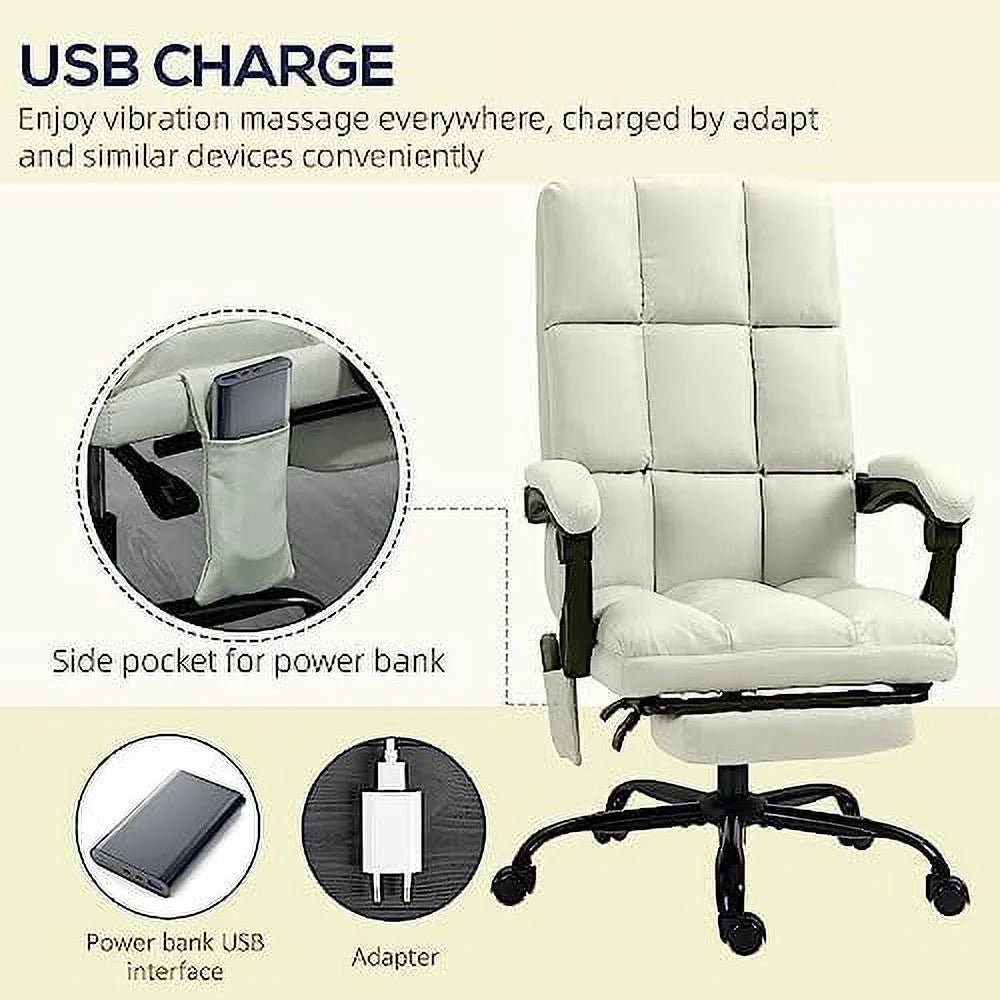 Cream White Massage Office Chair with USB Port and Footrest L250
