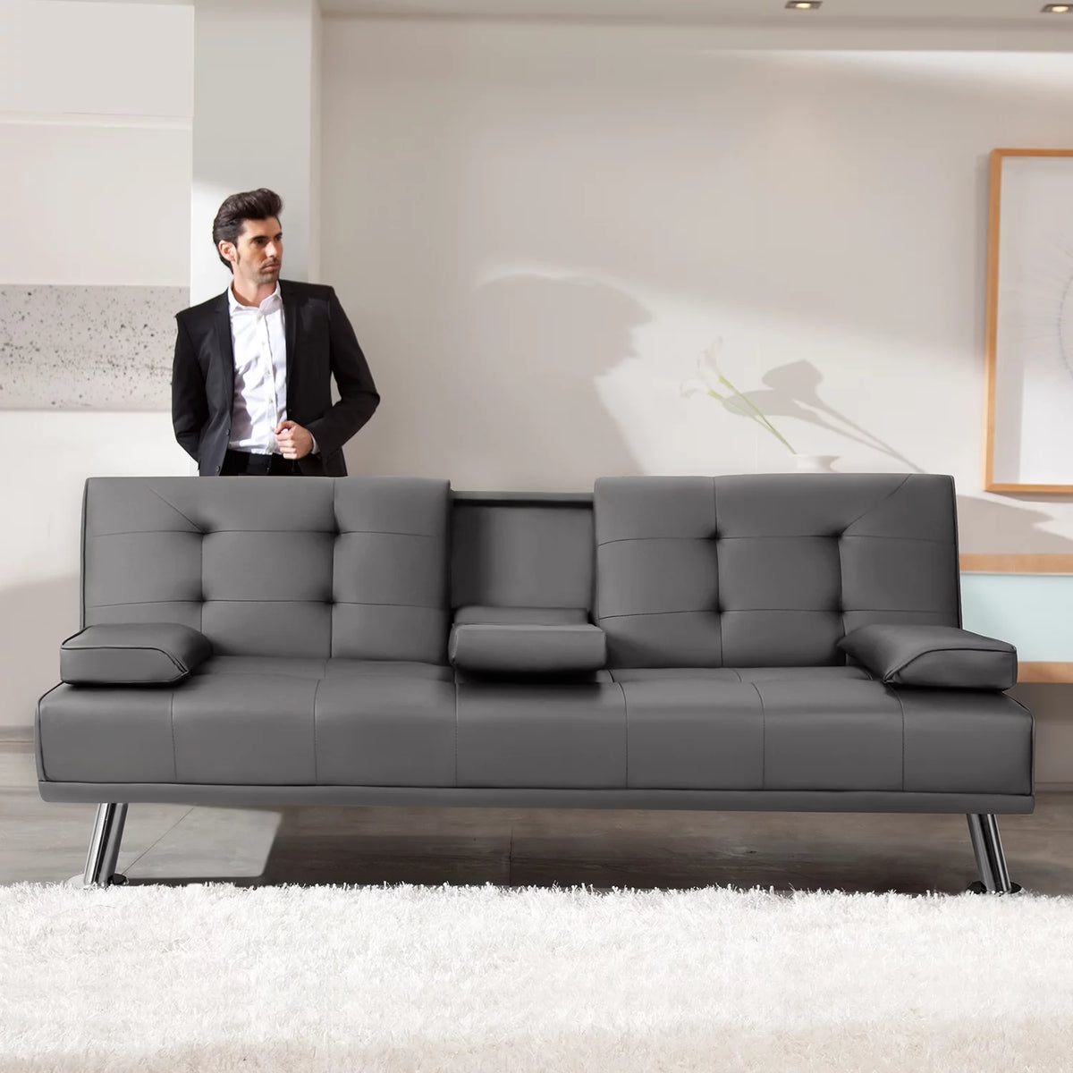 Gray Faux Leather Convertible Futon Sofa Bed with 2 Cup Holders Z652