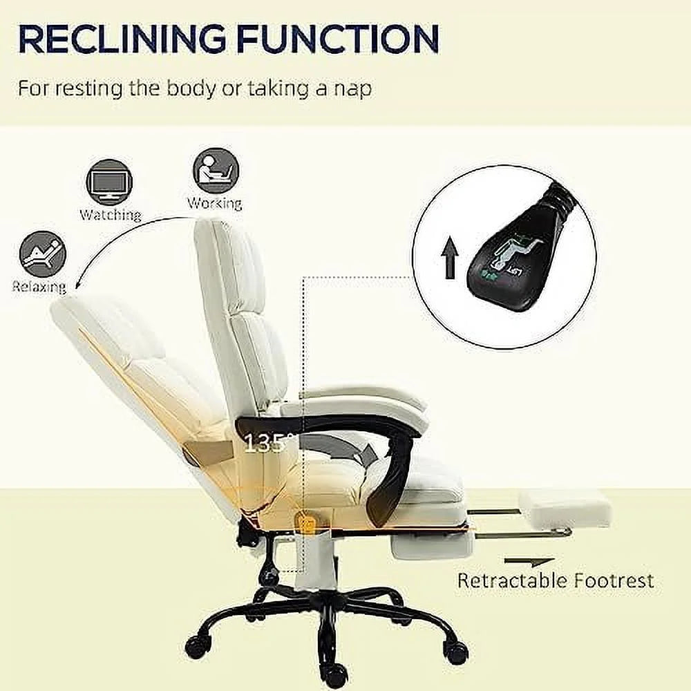 Cream White Massage Office Chair with USB Port and Footrest L250