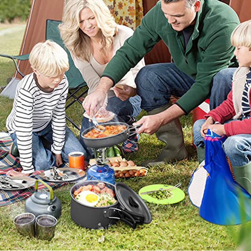 Camping Cookware Mess Kit Pot Pan Kettle Cooking Set Tableware with Stove Spoon Fork Cutter T1170