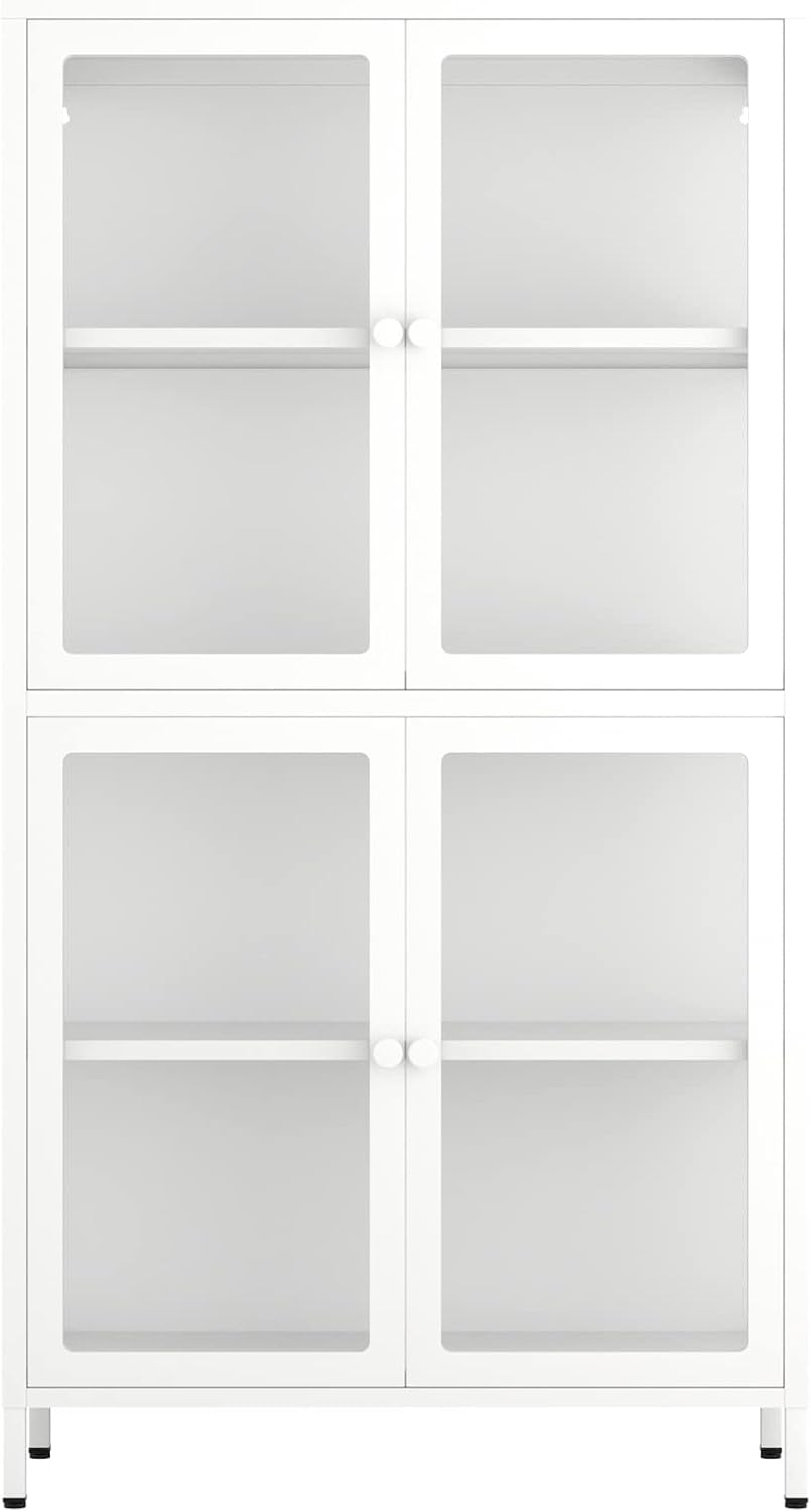 4-Door White Tempered Glass Storage Cabinet with Adjustable Shelves E89331