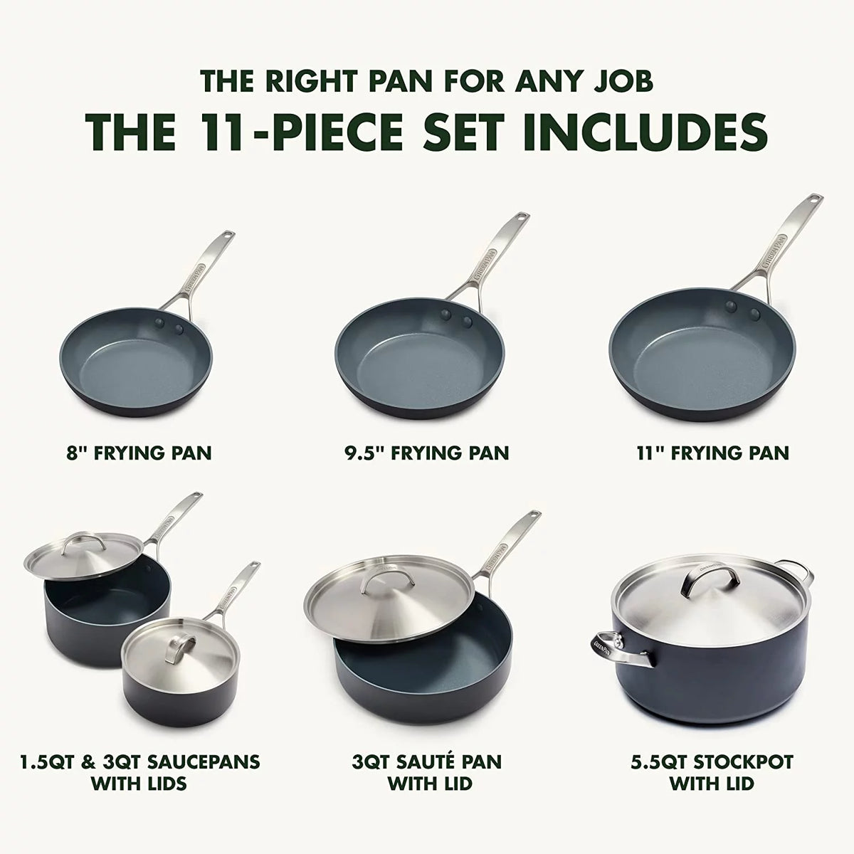 11 Piece Hard Anodized Ceramic Nonstick Cookware Set with Stainless Steel Lids D8448