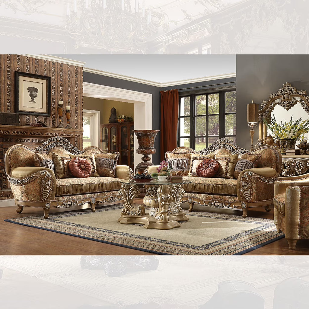 Antique Brown Chenille Carved Wood 3Pcs Sofa Set K97965