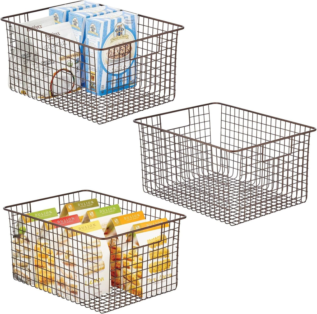 Metal Wire Food Organizer Storage Bin Baskets with Handles, 3 Pack, Bronze J4489