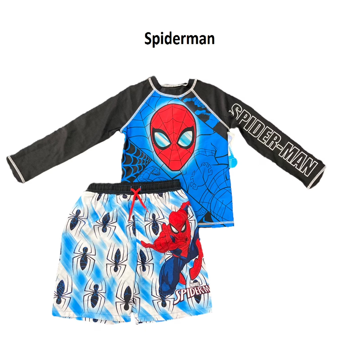 Blue Spiderman 2-Piece Long Sleeve Rash Guard & Swim Short Set F96909
