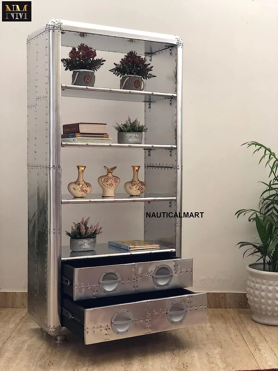 Aluminum Bookcase with Drawers 62 Inches W13516