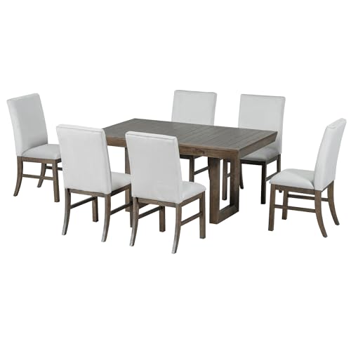 7-Piece Wood Rectangular Dining Table Set with 6 Upholstered Chairs O307448