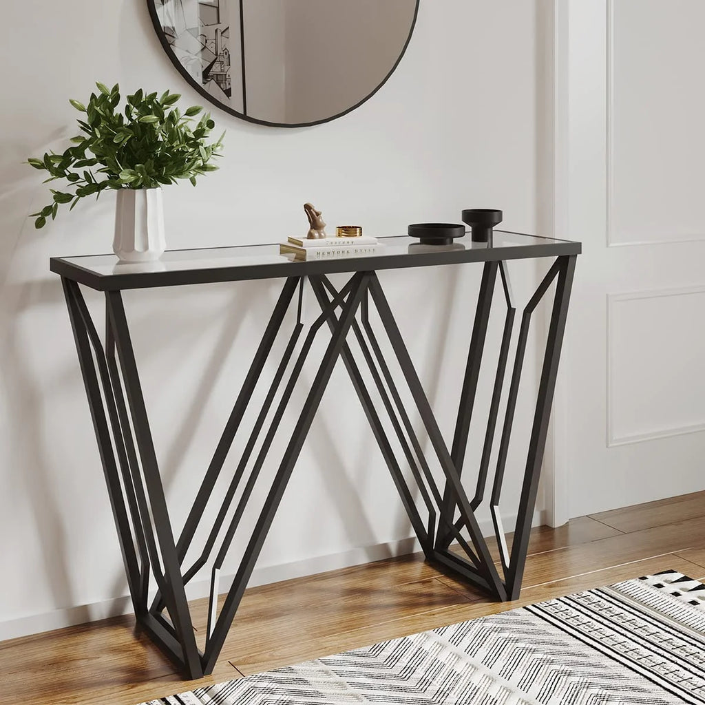 Glass Console Table Narrow Sofa Table Black Metal Frame M54897