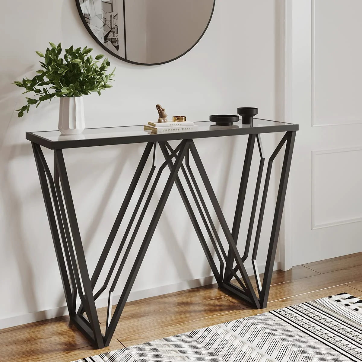 Glass Console Table Narrow Sofa Table Black Metal Frame M54897
