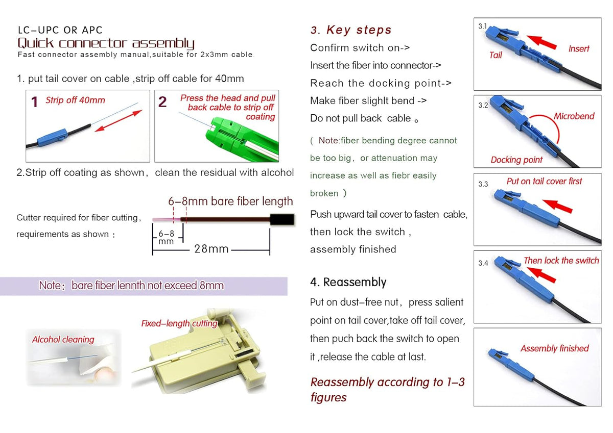 10pcs LC UPC Fiber Optic Quick Connector with Matched Tools Single Mode 9/125 for 900um Cable E913