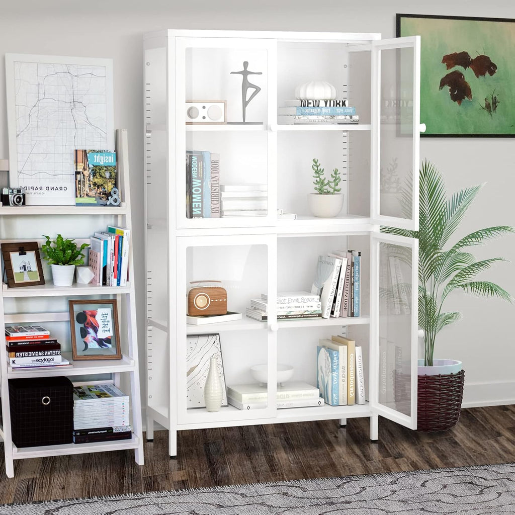 4-Door White Tempered Glass Storage Cabinet with Adjustable Shelves E89331