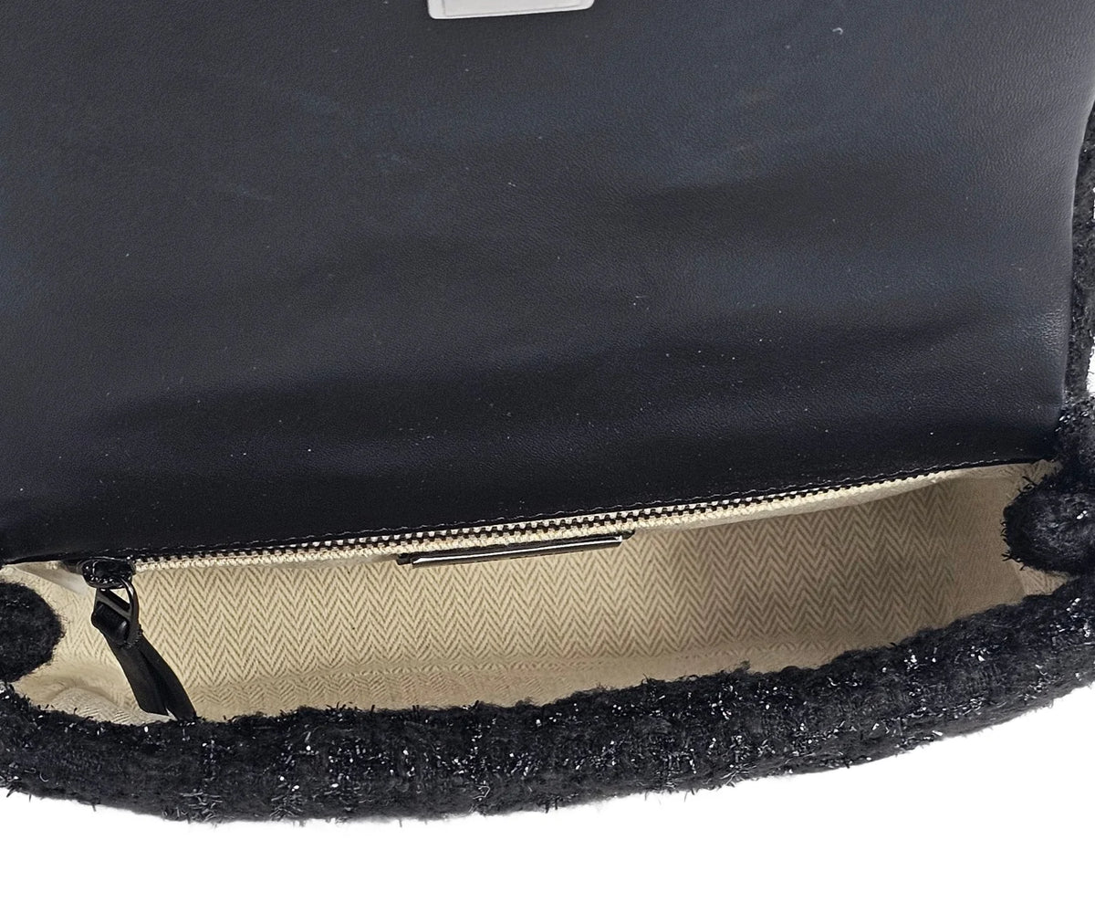 Black Beaded Tweed Mini Top Handle Crossbody Bag O7423