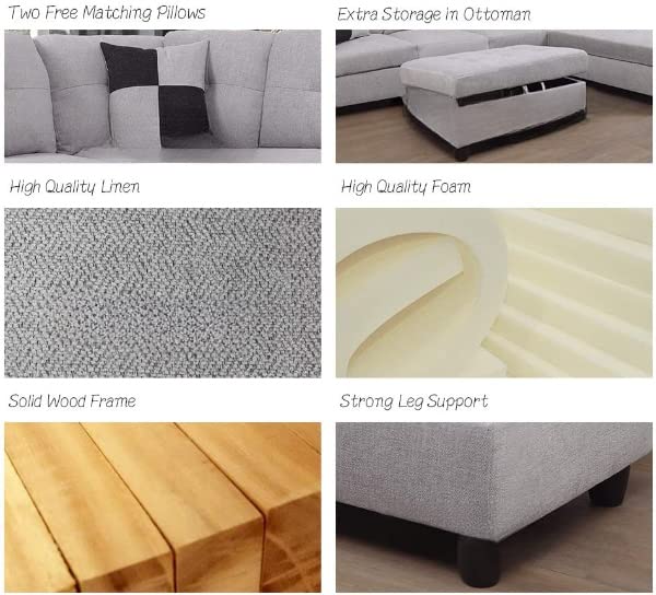 Grey White Linen Fabric L-Shaped Sectional Sofa Set with Storage Ottoman and Pillows K343