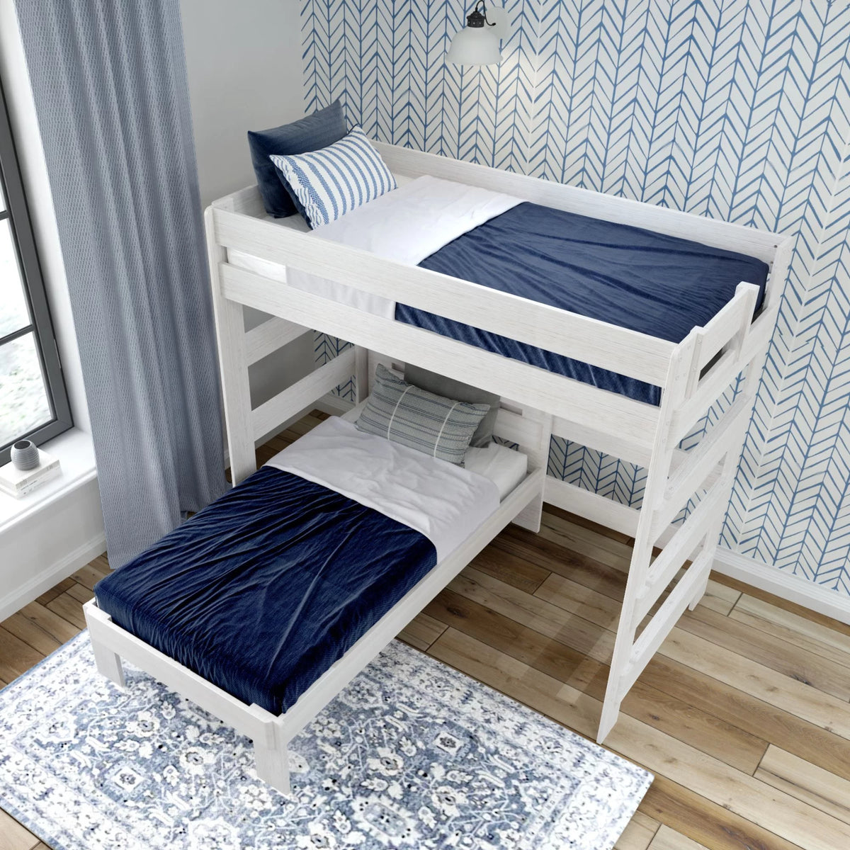 Solid Wood Twin over Twin L-Shaped Bunk Bed White Wash P798567