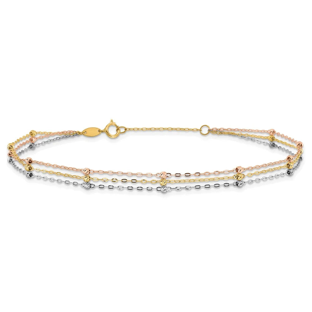 14 Karat Tri-color 3-Strand Beaded Anklet Y7381