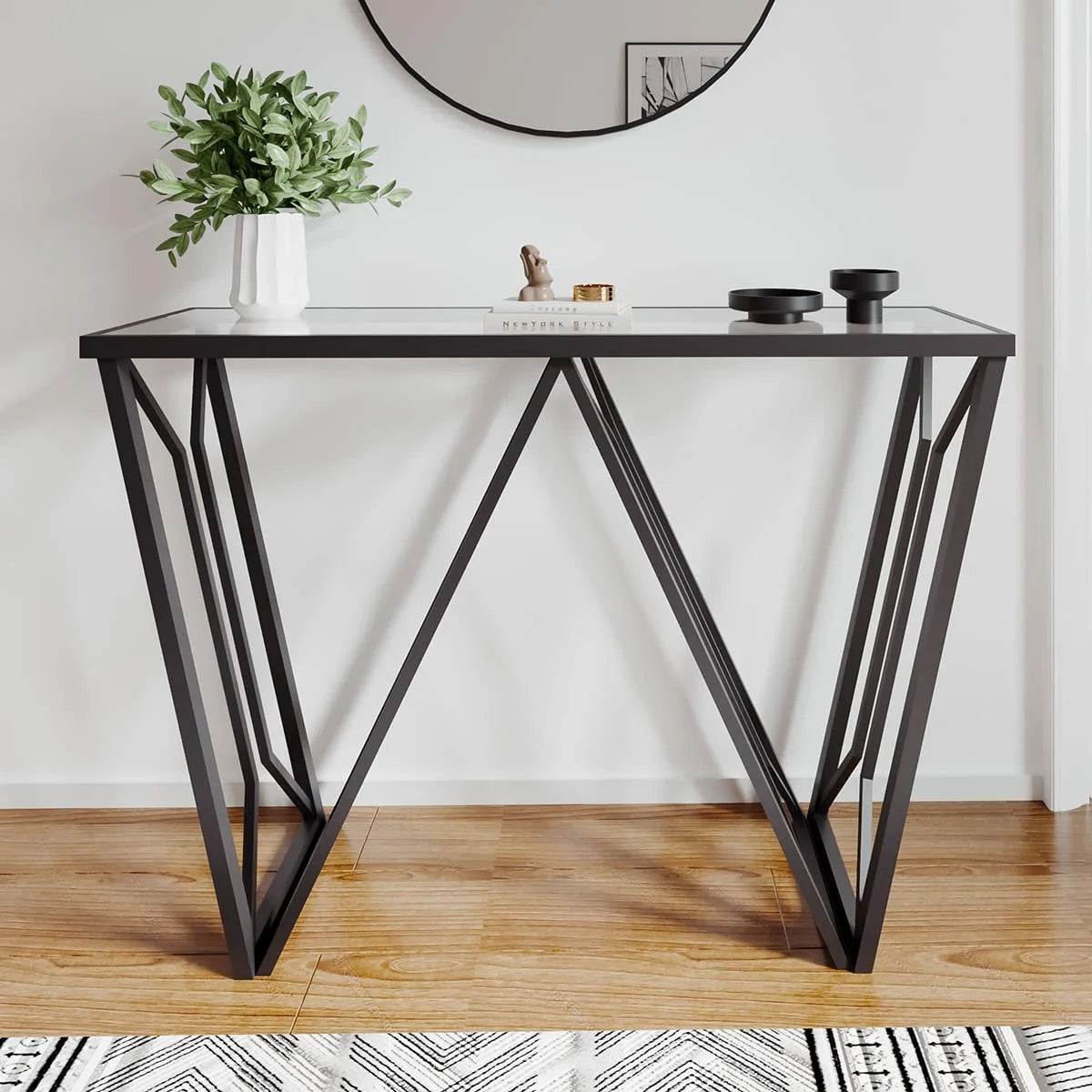 Glass Console Table Narrow Sofa Table Black Metal Frame M54897