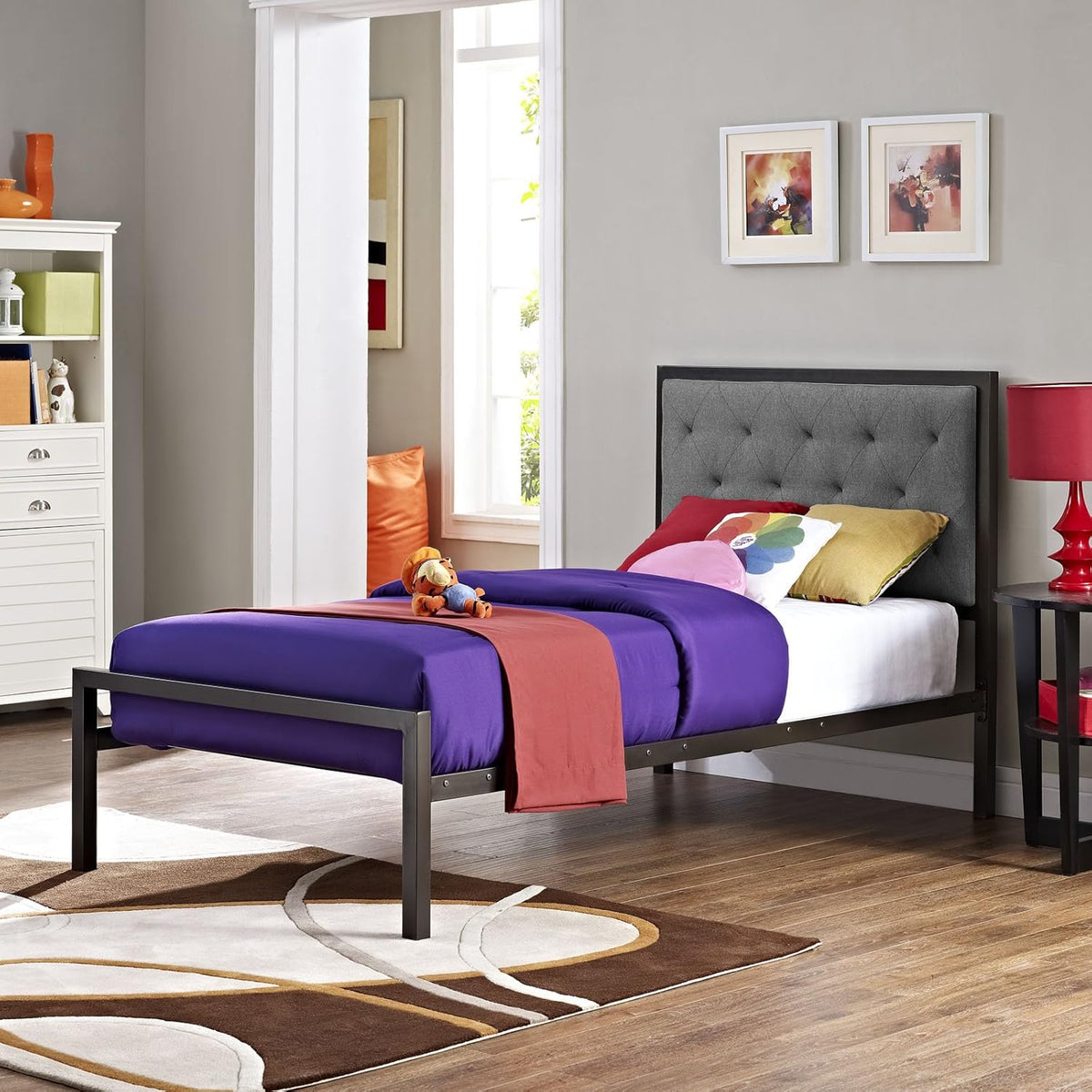 Twin Size Grey Fabric Bed Frame U866149