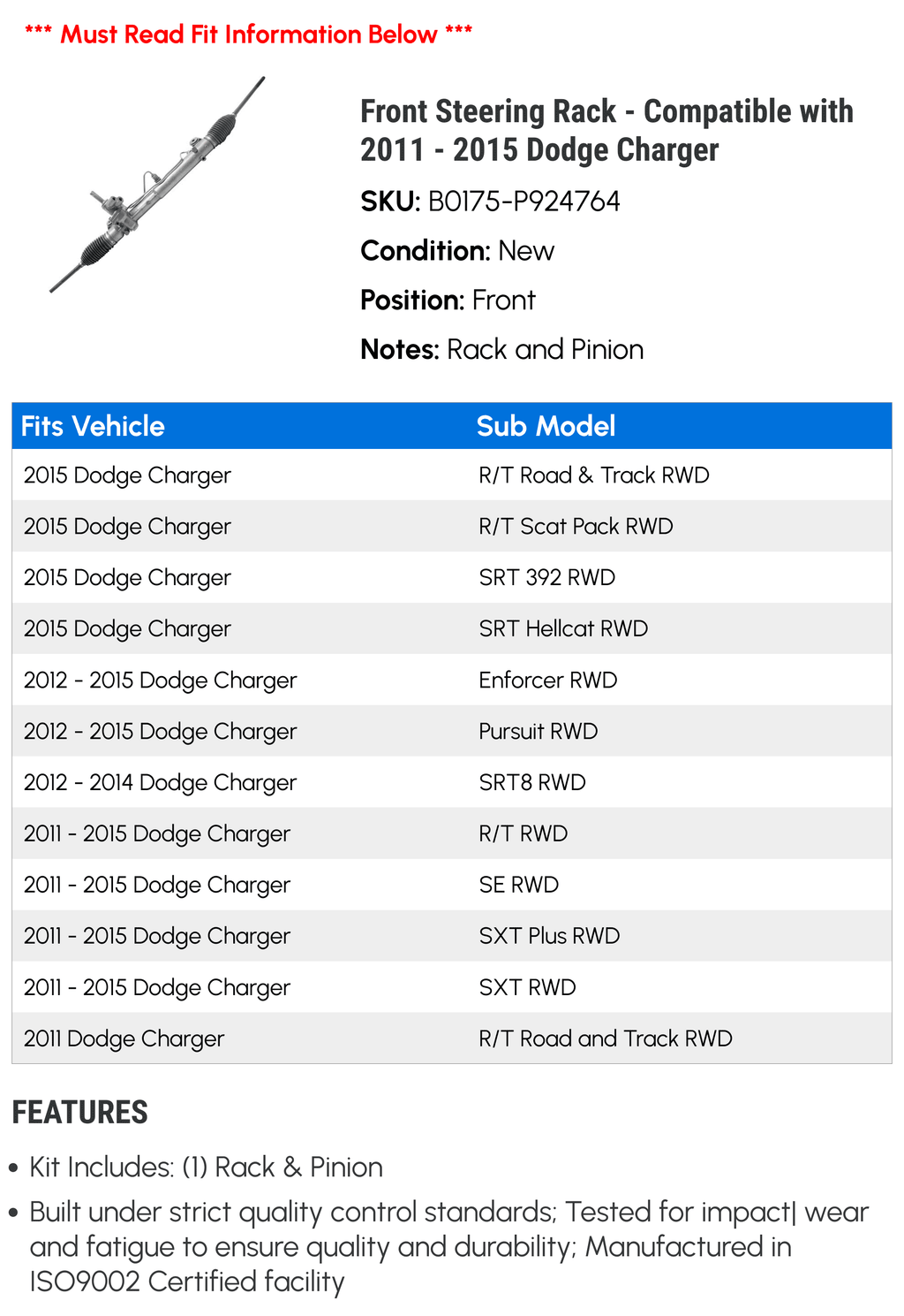 Steering Rack Compatible with 2011-2015 Dodge Charger H227