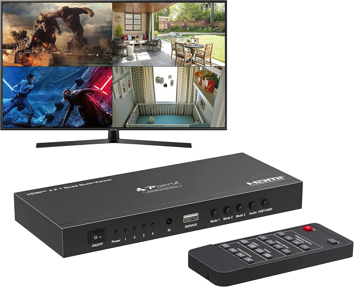 HDMI Multiviewer Switch 4x1, Quad Multi-Viewer Seamless Switcher 4 in 1 Out with Loop, Audio Extractor to Stereo, 1080p, 5 Viewing Modes L370212