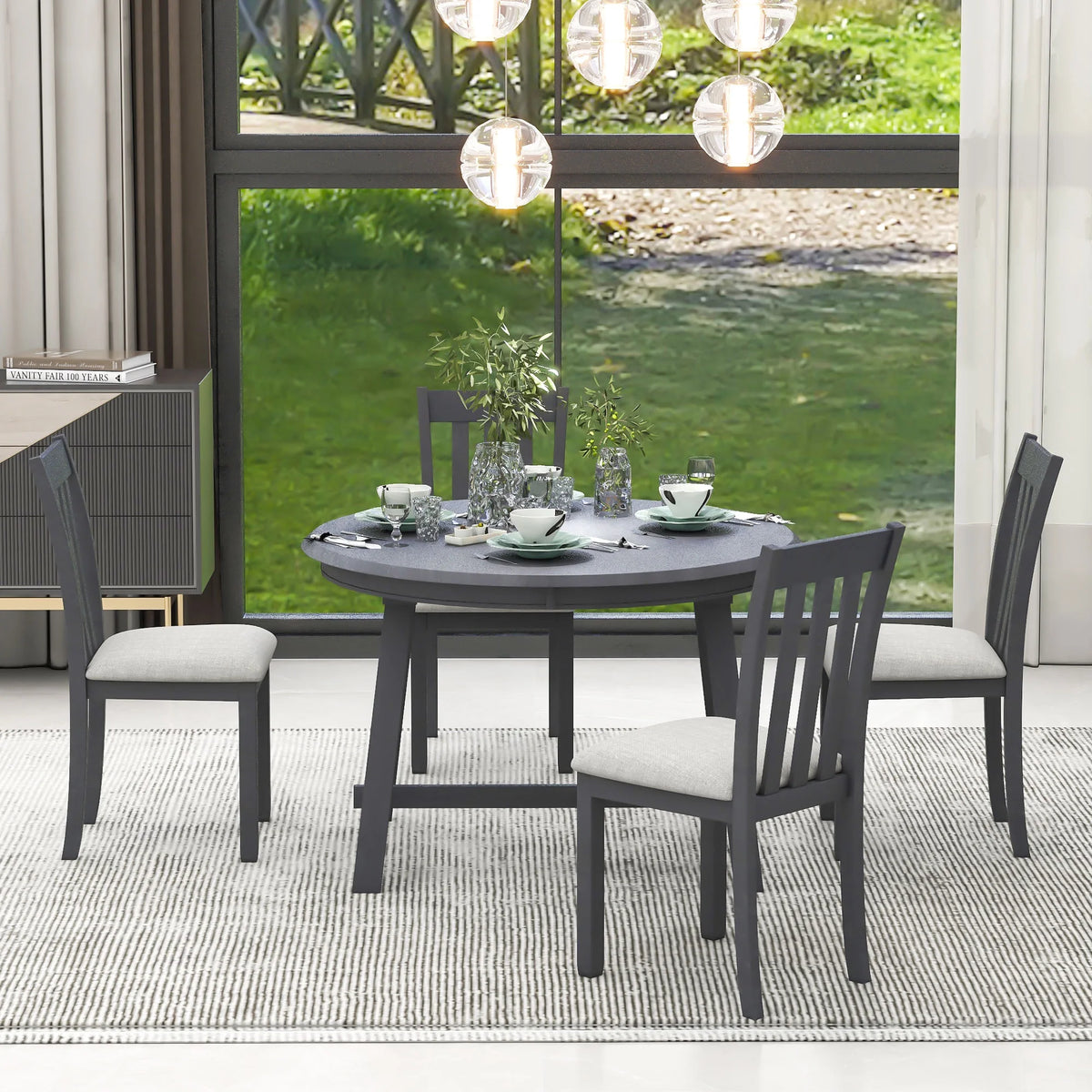 5-Piece Round Extendable Wood Dining Table Set with 4 Chairs F320