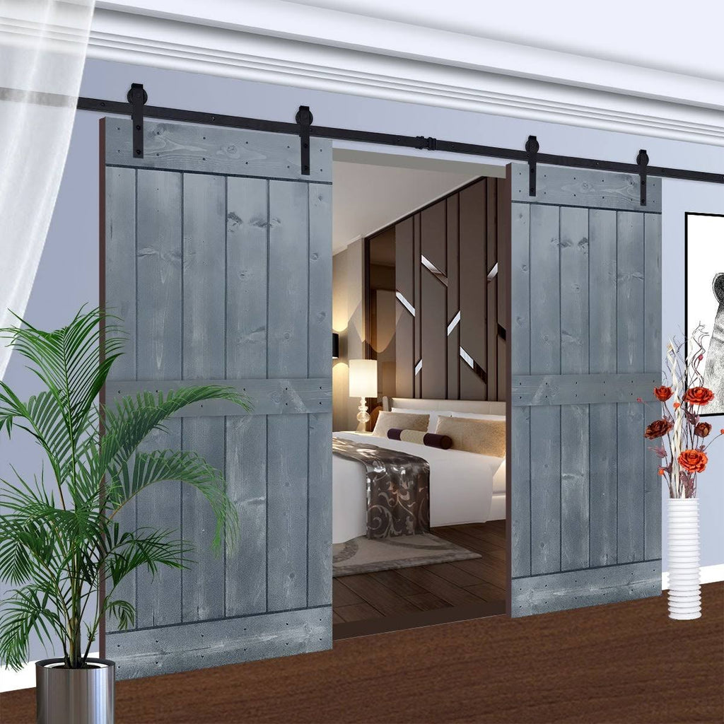 12-Panel Gray Painted Wood Sliding Door with Installation Hardware Kit W1862