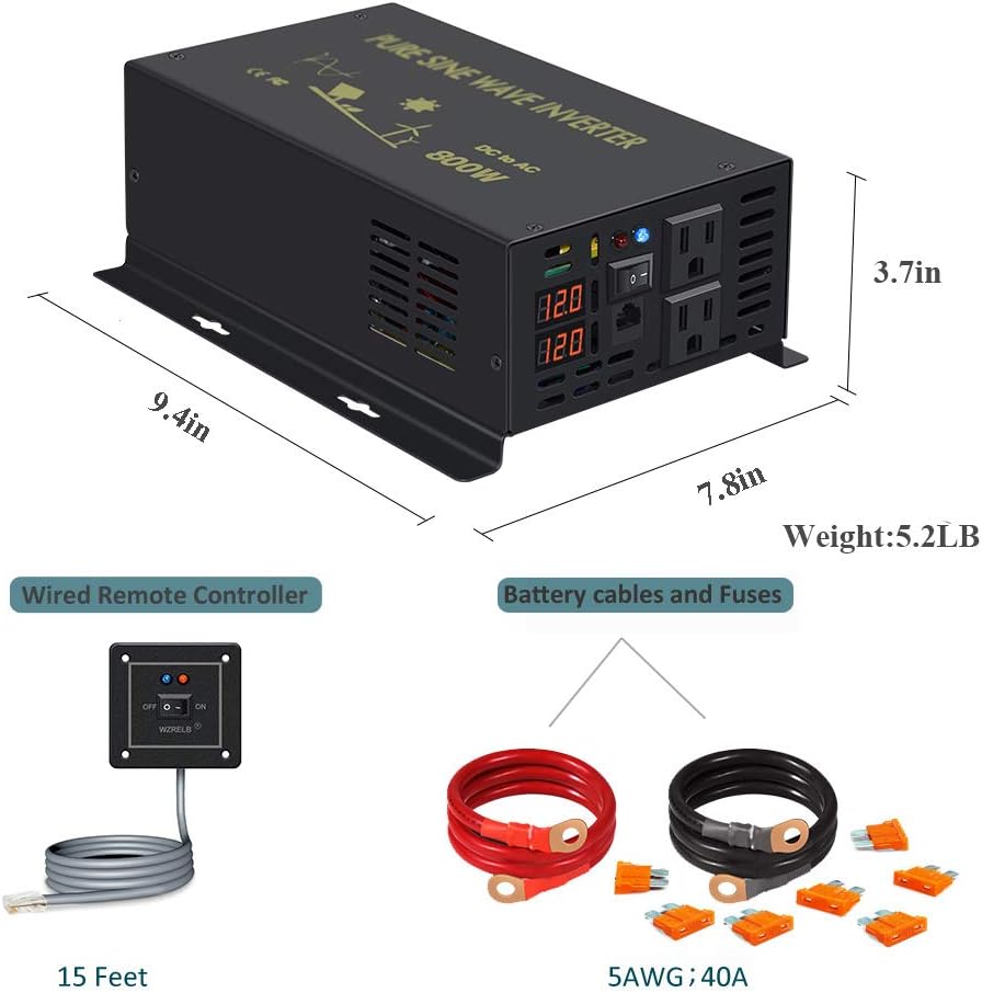 800Watt 12V DC to 110V 120V Power Inverter with Remote Control Dual AC Outlets R273
