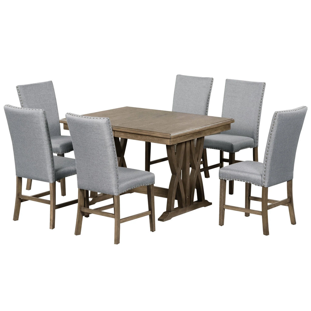 Solid Wood Extendable Dining Table Set for 6 with Upholstered Chairs E645
