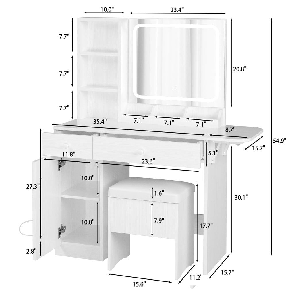 White Vanity Desk with Lighted Mirror and Stool L759521