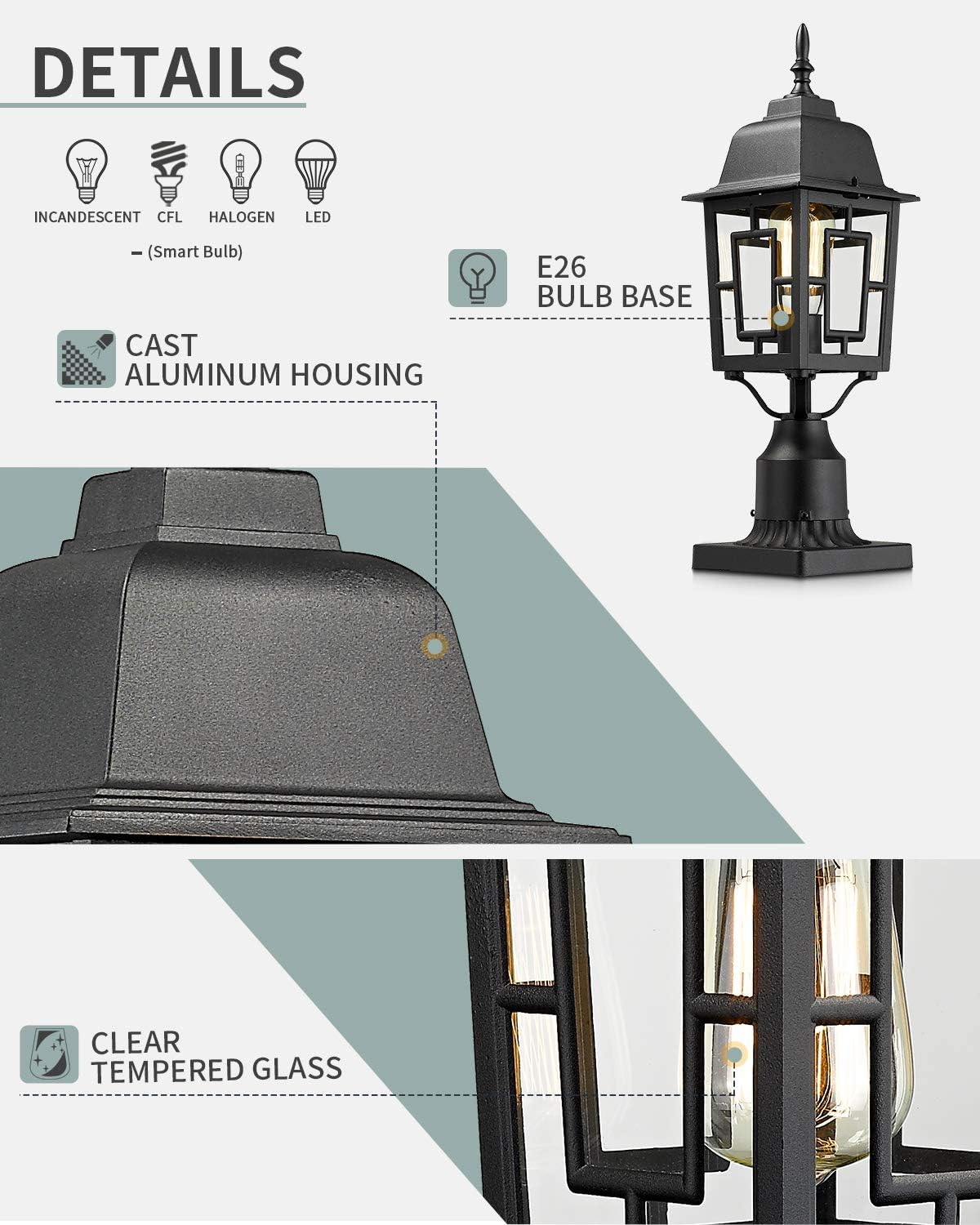 Set of 2 Cast Aluminum Outdoor Post Lights with Pier Mount Adapter E2630