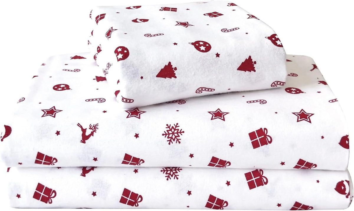 King Flannel Sheets - 4-Piece 100% Turkish Cotton, Red Stars, Deep Pocket R43988