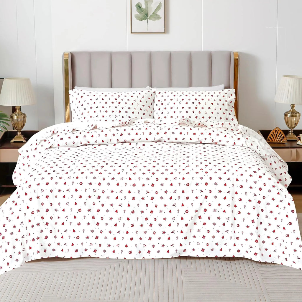King Flannel Sheets - 4-Piece 100% Turkish Cotton, Red Stars, Deep Pocket R43988