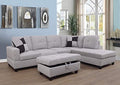 Grey White Linen Fabric L-Shaped Sectional Sofa Set with Storage Ottoman and Pillows K343