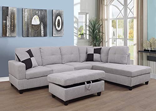 Grey White Linen Fabric L-Shaped Sectional Sofa Set with Storage Ottoman and Pillows K343