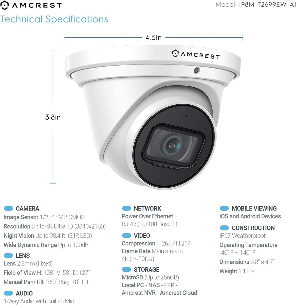 4K POE Outdoor Security Turret IP Camera, White C11498