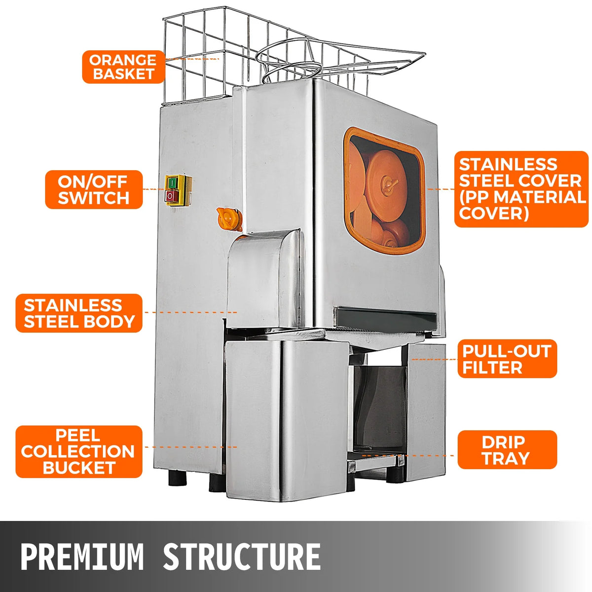 110V Commercial Orange Juicer Machine with Pull-Out Filter Box, 304 Stainless Steel Tank and Cover T801