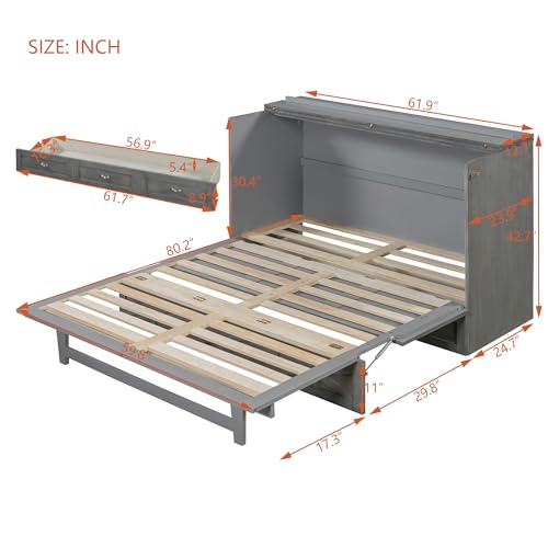 Full Size Solid Pine Murphy Bed with USB and Storage Drawer F663