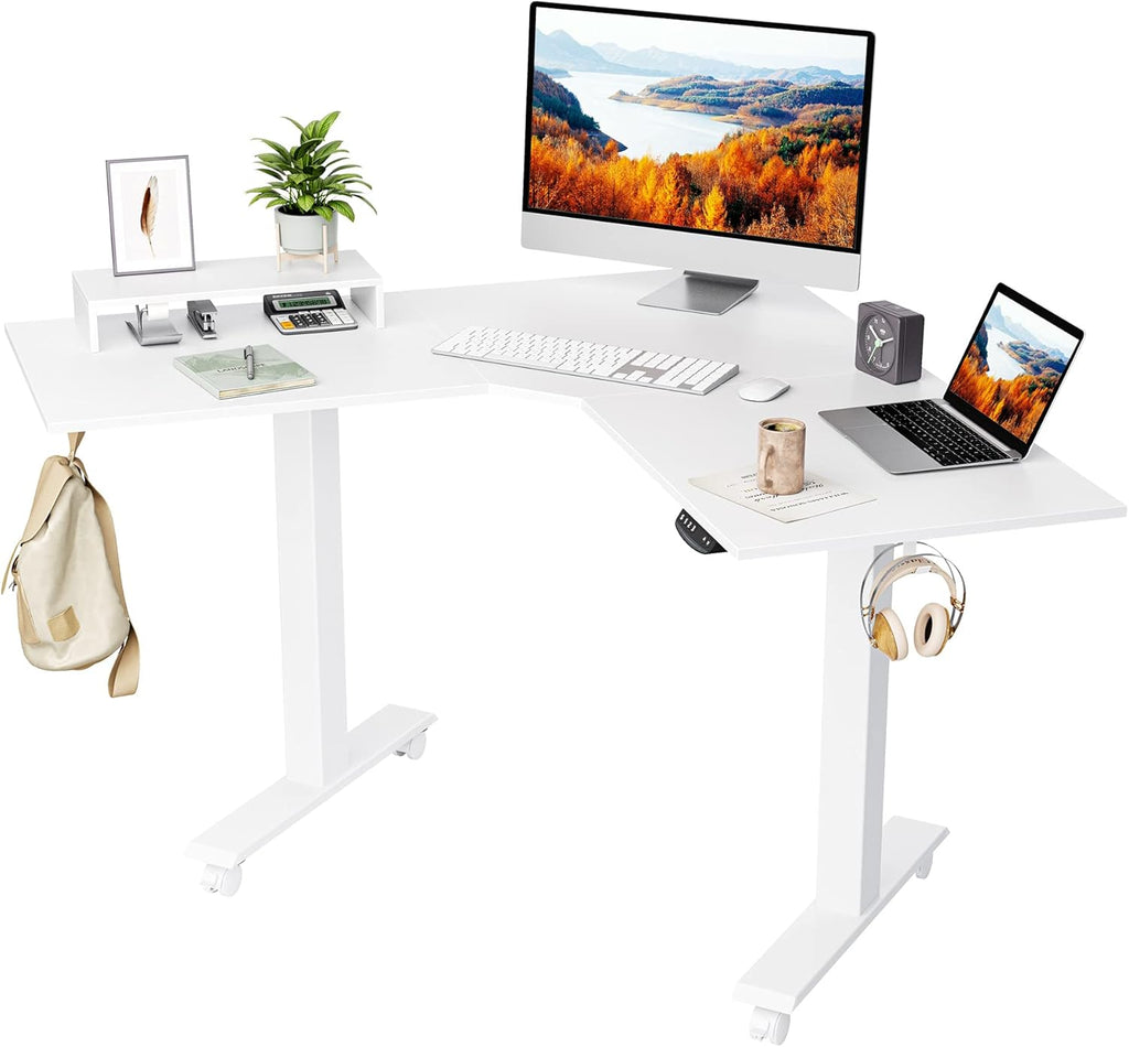 L Shaped Electric Standing Desk with Bamboo Top and Black Frame J679