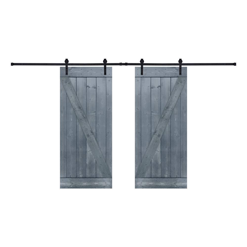 12-Panel Gray Painted Wood Sliding Door with Installation Hardware Kit W1862